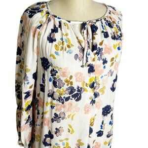 Lucky Brand Top Womens Size S White Pink Blue Green Floral Boho Semi Sheer